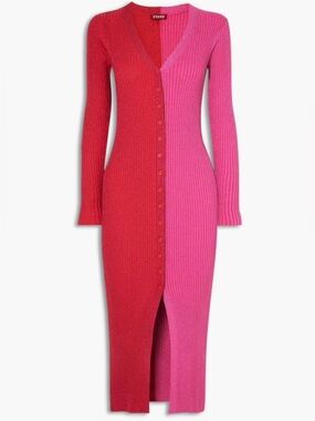 STAUD XS Two Tone Pink Red Ribbed Knit Maxi Dress Button Front Metallic Shimmer